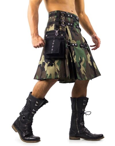 ARMY CAMO KILT BLACK CARGO POCKETS
