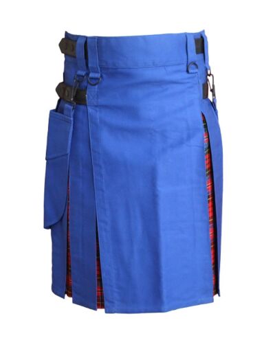 Blue Cotton With Tartan Hybrid Utility Kilt