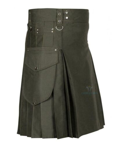 Olive Green Cotton Utility Kilt For Men